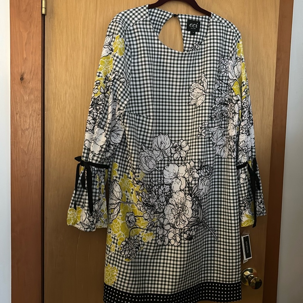 Wesleerose ECI New York Checkered Floral Long Sleeve Sheath Dress Size 14 NWT